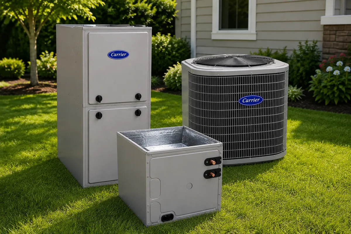 Carrier dual-fuel heat-pump system with a furnace cabinet, outdoor unit, and indoor coil beside a home