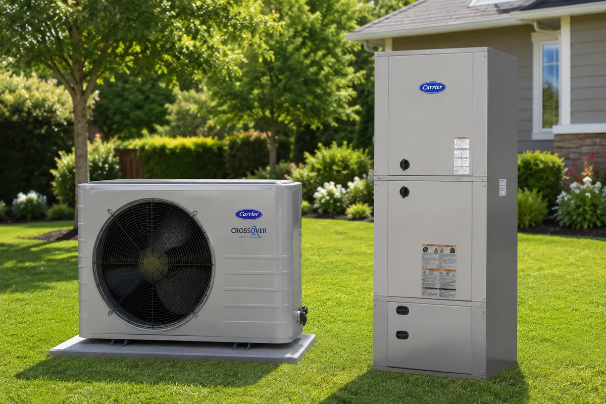 Carrier ducted heat-pump system with an outdoor condenser and indoor air handler beside a home