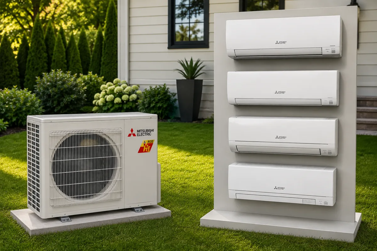 Mitsubishi ductless mini-split heat-pump system with an outdoor unit and multiple indoor units