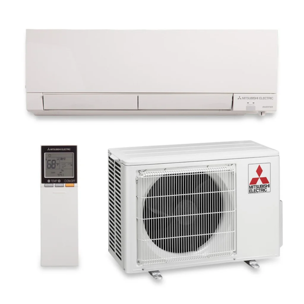 Mitsubishi Electric ductless mini-split heat-pump system with indoor unit, controls, and outdoor unit